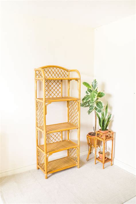 Vintage Bamboo Shelving Unit Rattan Shelves Wicker Plant Etsy Home Decor Shelving Rattan