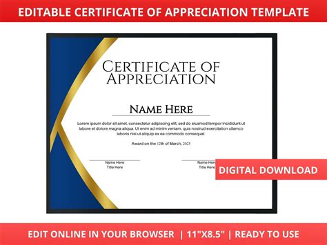 Certificate Of Appreciation Template Editable Certificate Of Etsy Canada