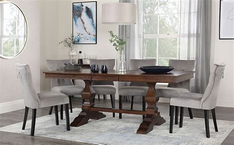 Cavendish Extending Dining Table And 6 Kensington Chairs Dark Oak Veneer And Solid Hardwood Grey