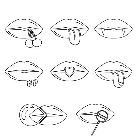 Collection Of Womens Lips Black Contour Doodle Vector Illustration