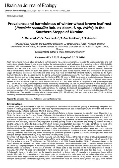 PDF Prevalence And Harmfulness Of Winter Wheat Brown Leaf Rust