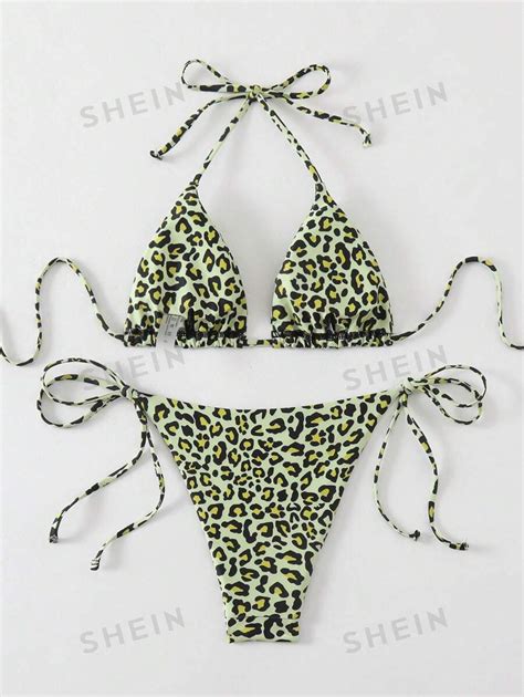 SHEIN Swim Women S Summer Beach Random Print Micro Triangle Halter Bikini Set Bathing Suit