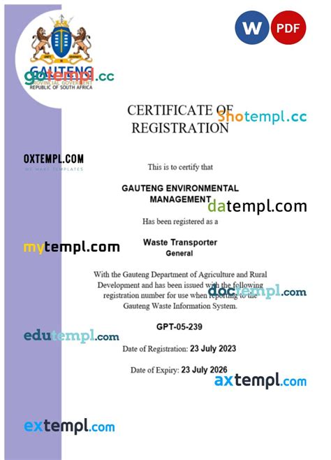 South Africa Certificate Of Registration Word And Pdf Template Pretempl