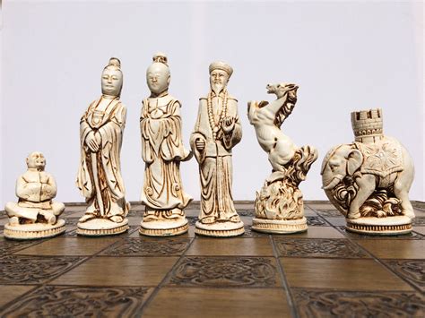 Oriental Chess Set Antique White And Soft Gold Effect Chess Pieces