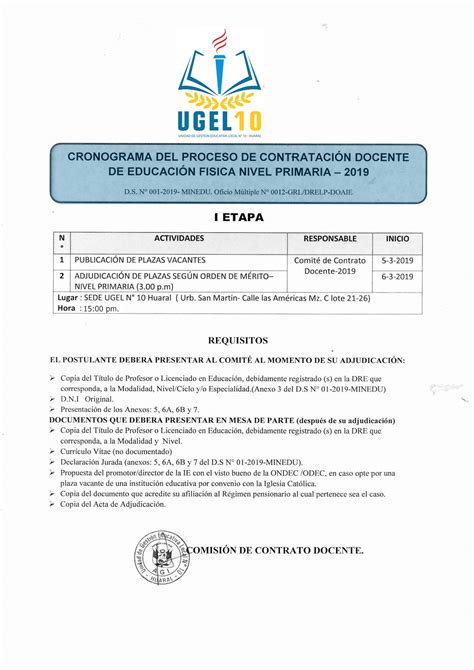 Cronograma y Reporte de Plazas Vacantes para el Proceso de Educación