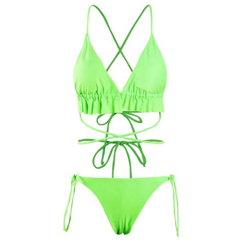 In X Sexy String Micro Bikini Set Ruffles Swimsuit Female Neon