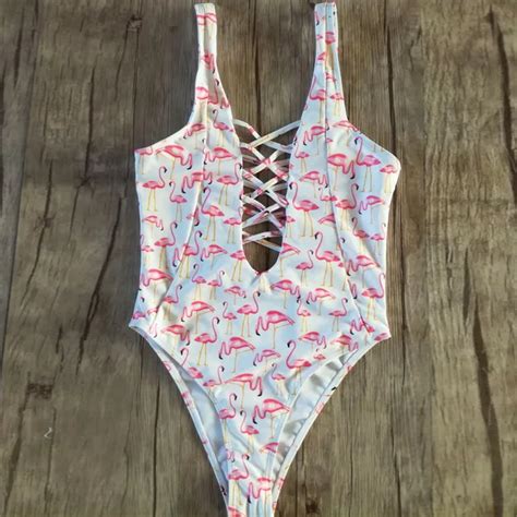 2018 Sexy Flamingos Swimsuits One Piece Women Cross Hollow Out Bikinis