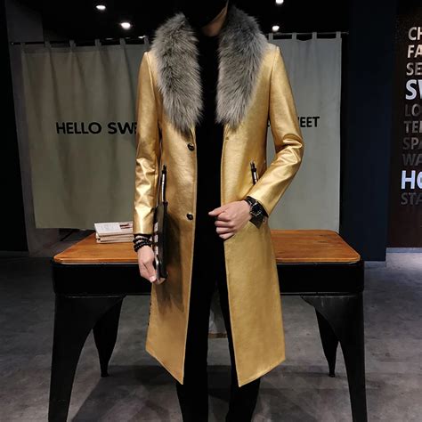 Buy Big Fur Collar Mens Faux Leather Trench Coats Men