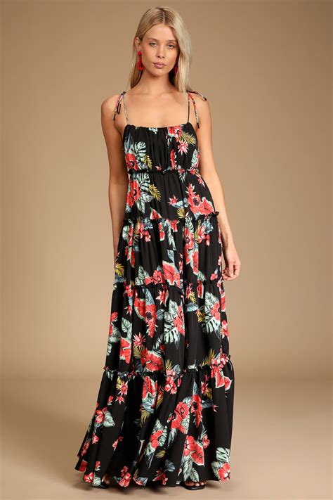 Black Floral Print Dress Tie Strap Maxi Dress Tiered Dress Lulus