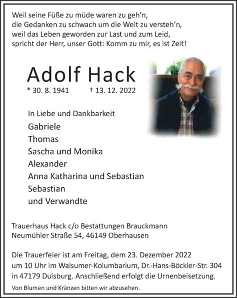 Traueranzeigen Von Adolf Hack Trauer In Nrw De