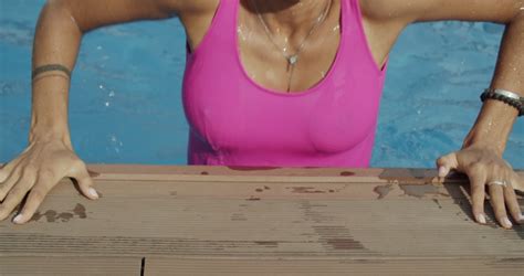 Portrait Woman Bikini Coming Out Swimming Stock Footage Video Royalty Free