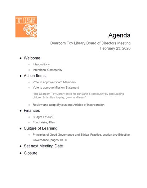 Board Of Directors Meeting Agenda Template