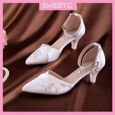 SWEETC Kasut Raya Perempuan Raya Heels 2024 Women S Vintage Pointed Toe