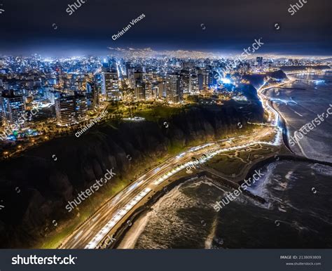 Lima Peru Aerial Night View Miraflores Stock Photo