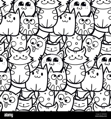 Funny Doodle Gatti E Gattini Seamless Pattern Per Stampe Disegni E