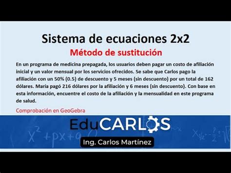 Sistema de ecuaciones lineales 2x2 método de sustitución ejercicio