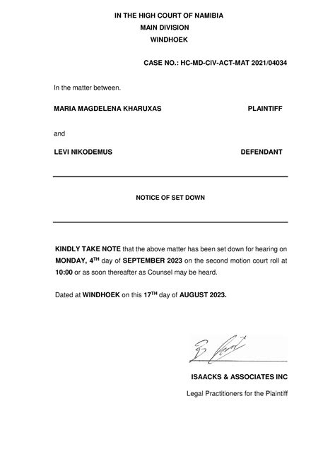 Notice Of Set Down In The High Court Of Namibia Main Division