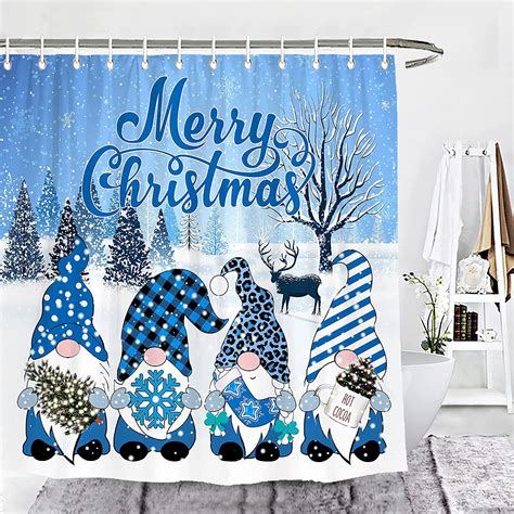 Newhomestyle Christmas Shower Curtain Blue Gnomes Shower Curtain Winter