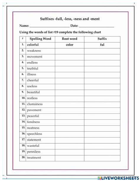 Suffixes Ness Less Ful And Ment Online Exercise For Live Worksheets