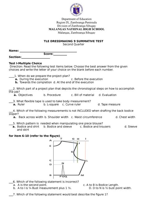 TLE Dressmaking 9 Summative TEST Q2 TLE DRESSMAKING 9 SUMMATIVE TEST