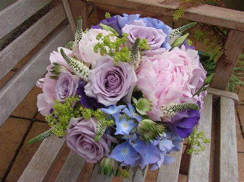 Pretty Bridal Bouquet With Pink Peonies Lilac Roses And Blue