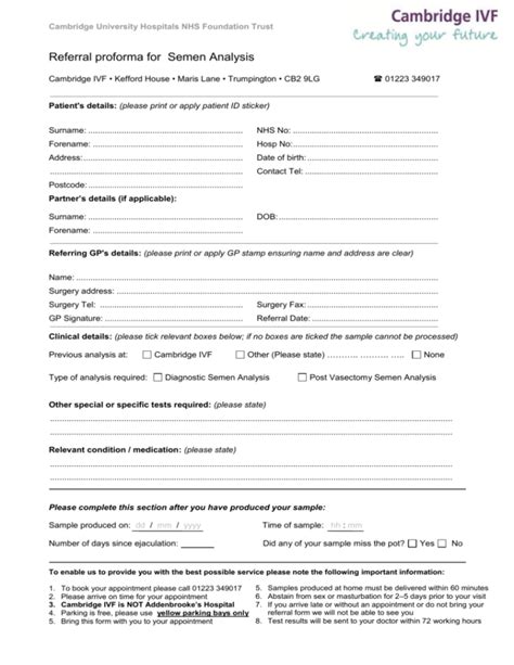 Semen Analysis Referral Form Word Version