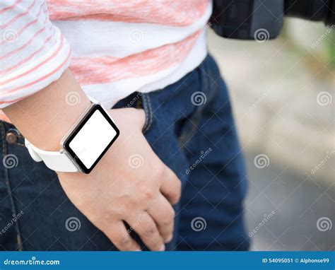 Hand Wearing Smartwatch With Blank Screen Stock Image Image Of Email