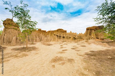 Landscape Of Soil Textures Eroded Sandstone Pillars Columns And Cliffs