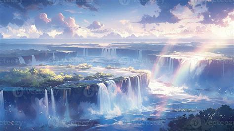 anime scenery of a waterfall with a rainbow in the sky. generative ai ...