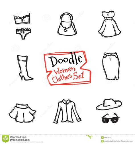 Vector Doodle Style Women Clothes Icons Set Hand Drawn Collection Of