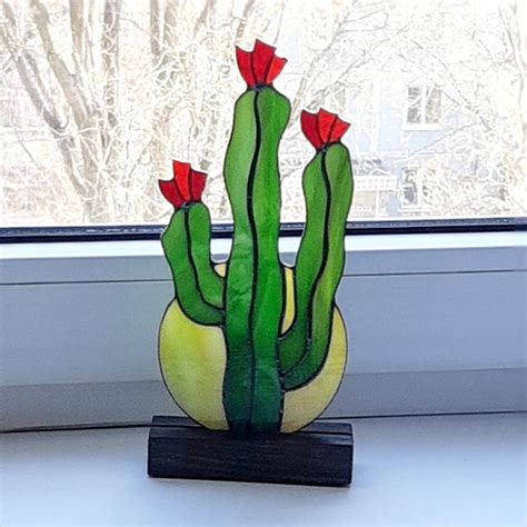 Succulent Stained Glass Window Decor Cactus Suncatcher Etsy