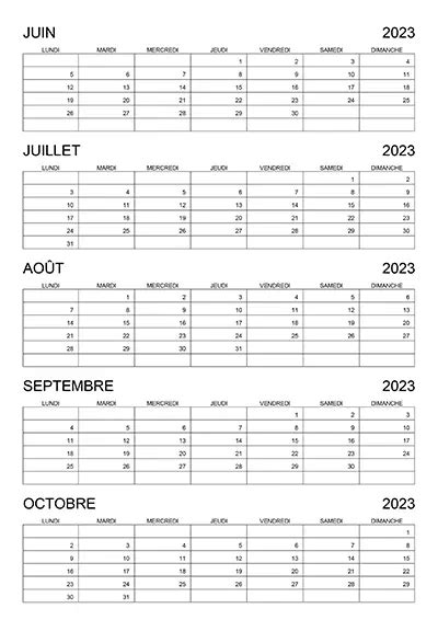 Calendrier juin juillet août septembre octobre 2023 calendrier su