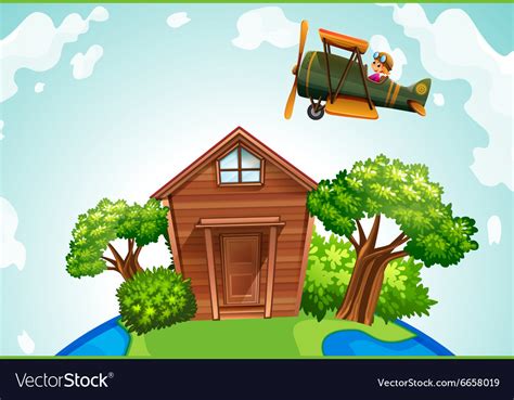 Airplane Flying Over A Wooden House Royalty Free Vector