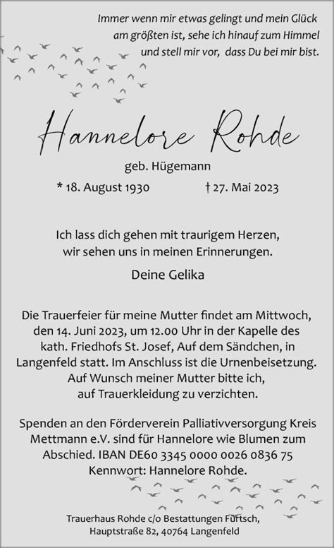 Alle Traueranzeigen F R Hannelore Rohde Trauer Rp Online De