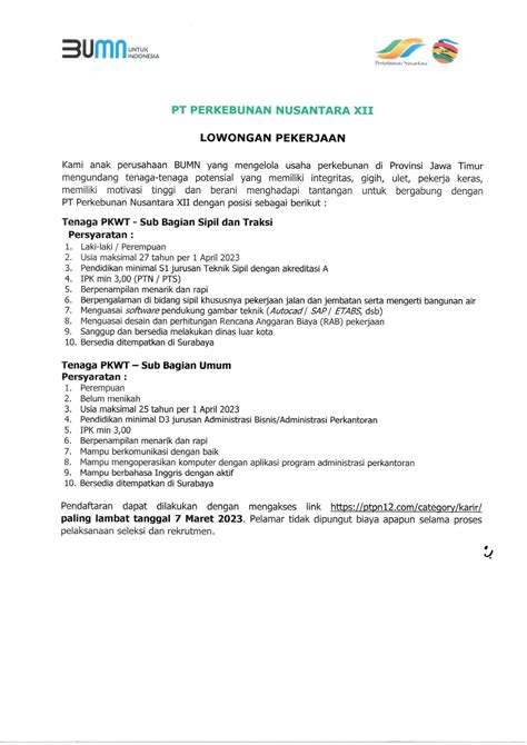 Lowongan Kerja PKWT PTPN XII Sub Bagian Sipil Dan Traksi Dan Sub