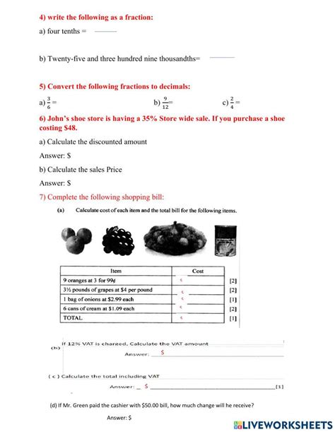 Fractions Decimals Percent Review Worksheet Live Worksheets