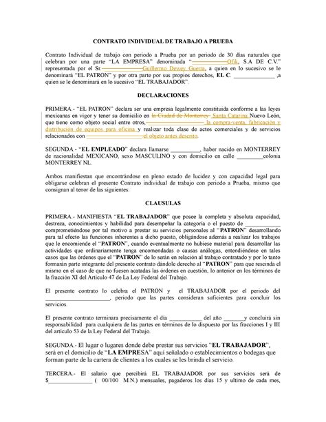 Contrato De Trabajo Ejemplos Formatos Word PDF