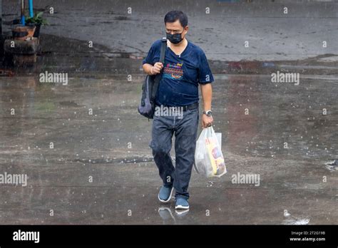 Samut Prakan Thailand Sep A Man Walk In The Rain With