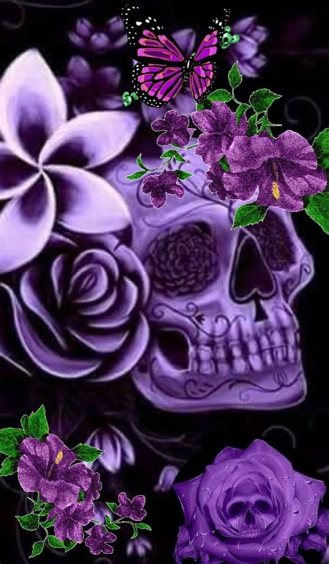 a purple skull with flowers and butterflies on it's face, in the dark