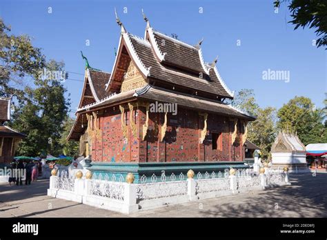 Luang Prabang Laos Famous Beautiful Buddhist Temples Set Against Blue