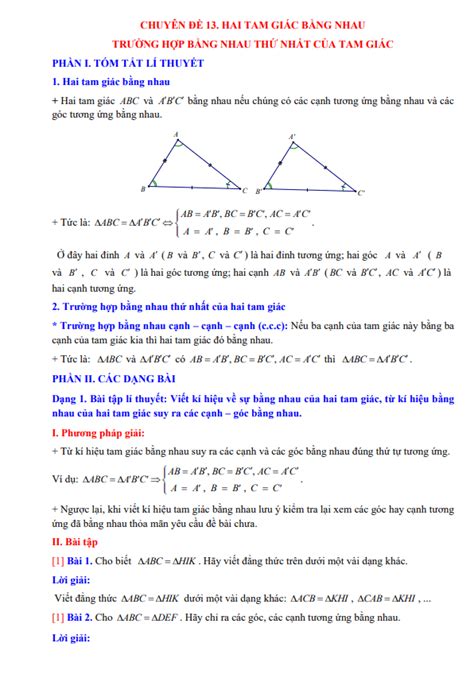 Chuyên đề hai tam giác bằng nhau trường hợp bằng nhau thứ nhất của tam