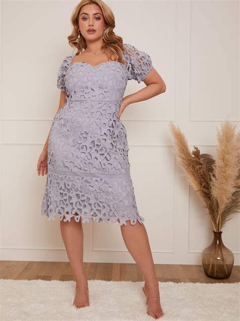 Plus Size Puff Sleeve Off Shoulder Crochet Bodycon Dress In Blue Chi