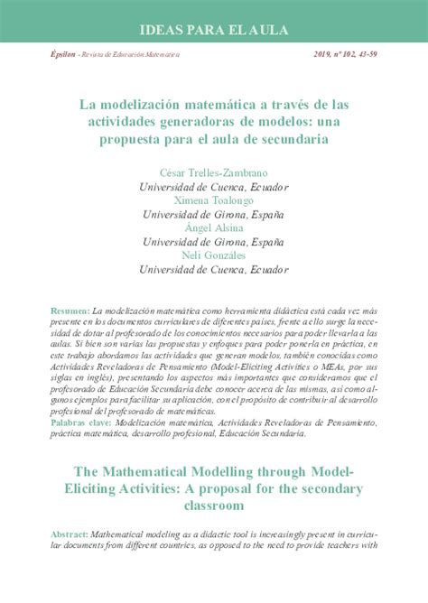 Pdf La Modelización Matemática A Través De Las Actividades Generadoras De Modelos Una