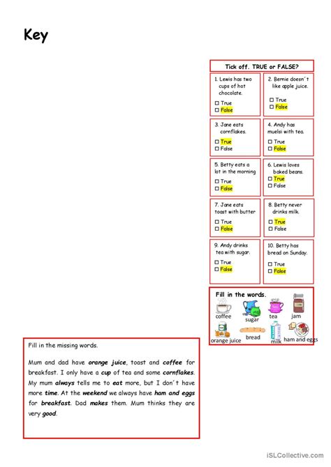 Kids and their breakfast key read Deutsch DAF Arbeitsblätter pdf doc