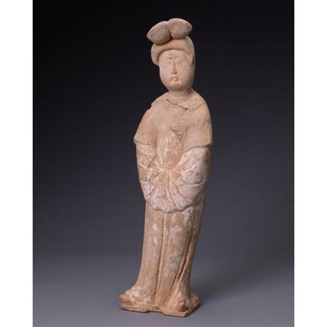 A CHINESE PAINTED POTTERY FIGURE OF COURT LADY TANG DYNASTY AD 618