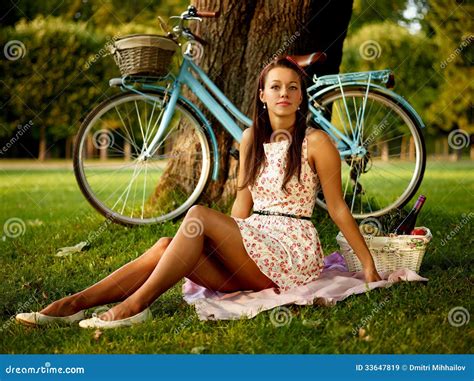 Retro Pinup Girl With Bike Stock Image Image Of Model 33647819