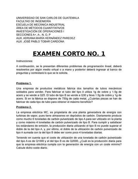 Examen Corto Universidad De San Carlos De Guatemala Facultad De