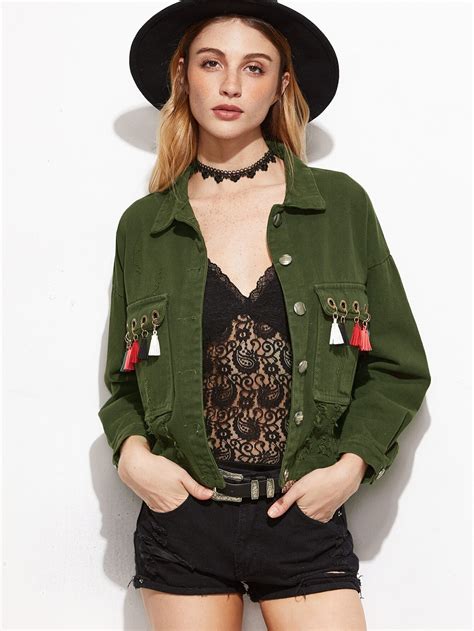 Army Green Eyelet Fringe Trim Denim Jacket Romwe