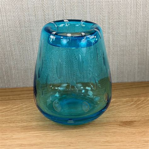 Vintage Aqua Bubble Glass Vase Curved Rolled Rim Edge Blown Glass Contemporary Design Home