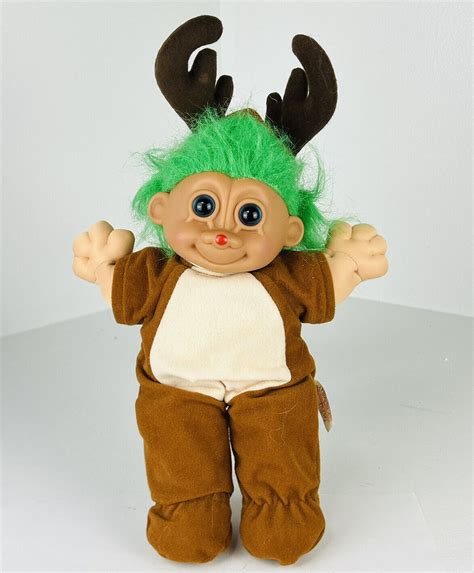 Vintage Russ Troll Doll Christmas Rudolph Red Nose Reindeer Neon Green